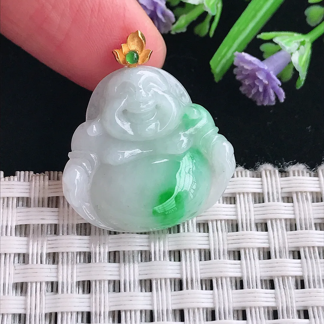 实拍A货翡翠22.8/24.2/5.4老坑18k金镶嵌温润飘阳绿佛公吊坠翡翠挂件