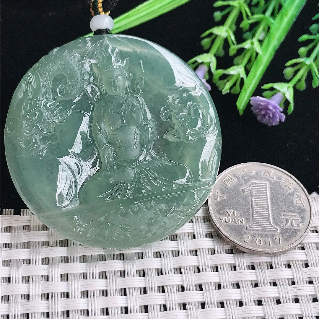 实拍A货翡翠49.6/5老坑冰种果冻冰晴满绿赐福观音吊坠翡翠挂件