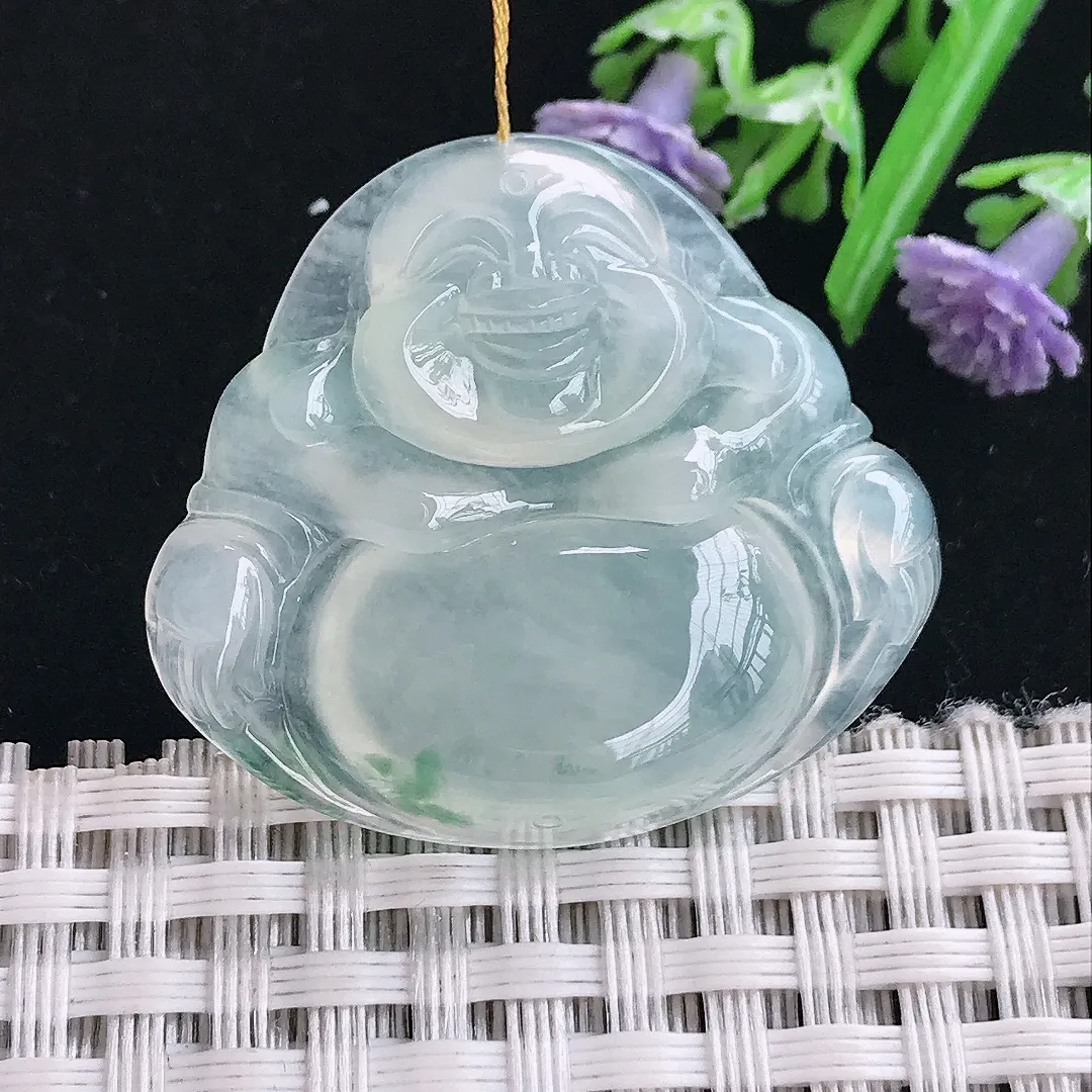 实拍A货翡翠30.8/34.6/6.2老坑冰透起胶飘花佛公吊坠翡翠挂件