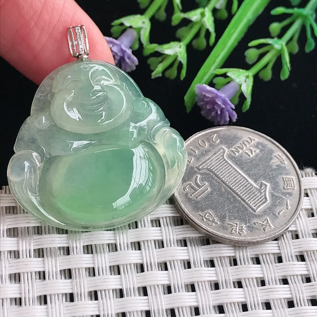 实拍A货翡翠30/31.6/6老坑18k金镶嵌冰晴甜绿佛公吊坠翡翠挂件