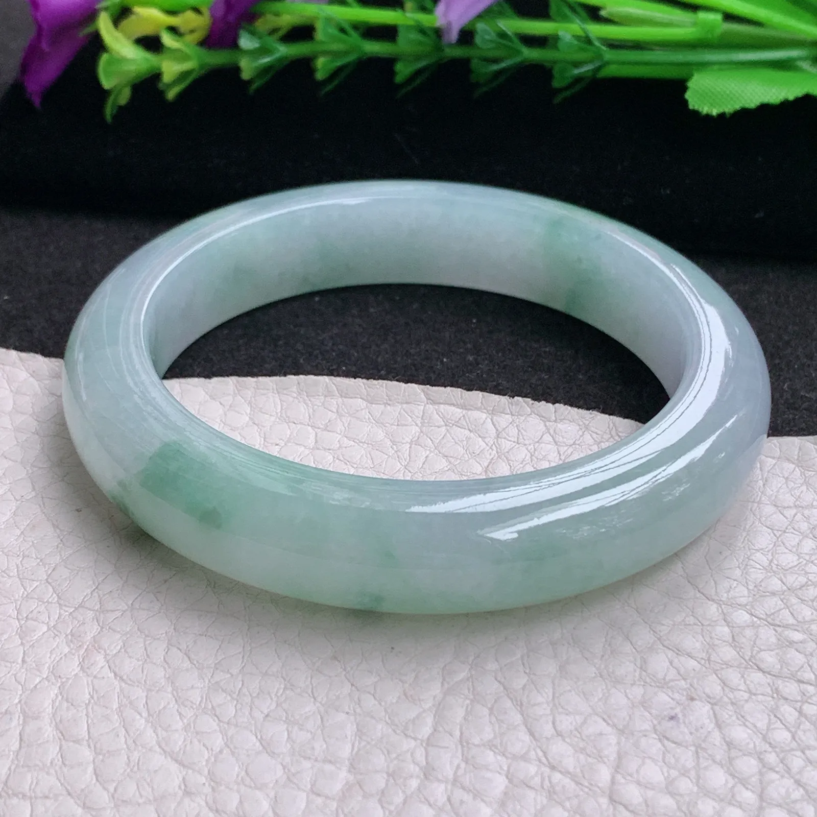 ll飘逸款58.5*12.5*9.5平安镯 天然缅甸翡翠A货冰润飘花宽边玉手环