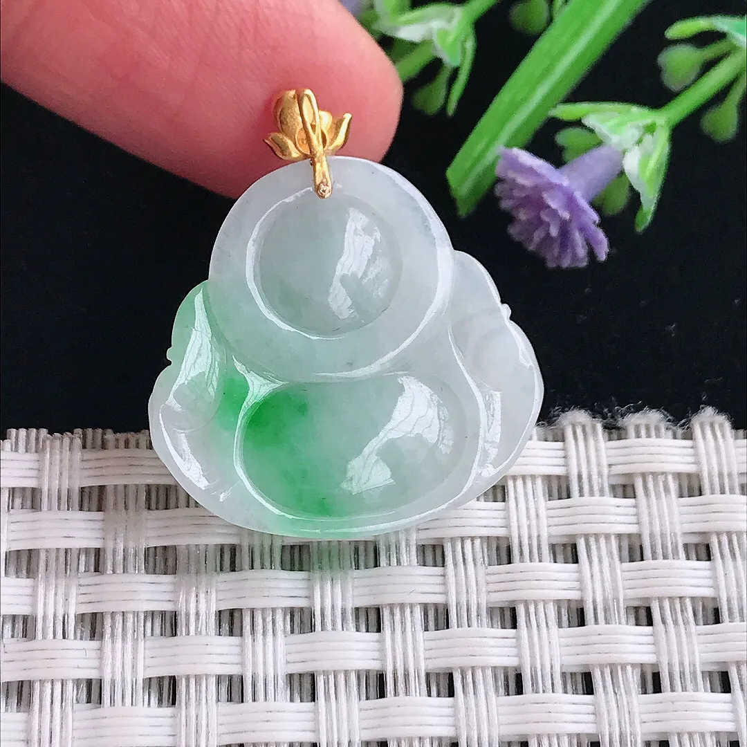 实拍A货翡翠22.8/24.2/5.4老坑18k金镶嵌温润飘阳绿佛公吊坠翡翠挂件