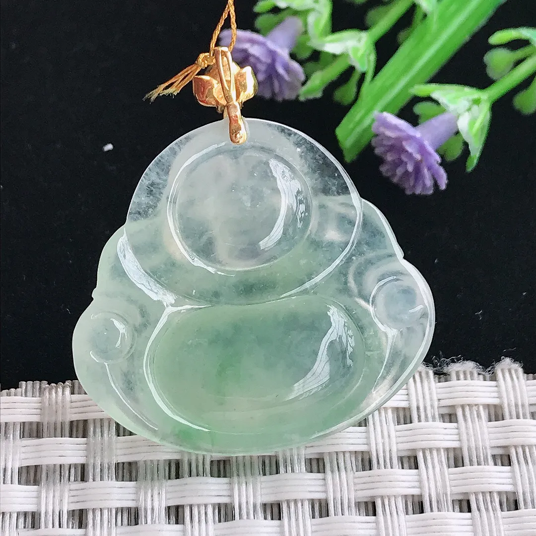 实拍A货翡翠28.8/31.6/5.7老坑18k金镶嵌冰种冰晴绿佛公吊坠翡翠挂件