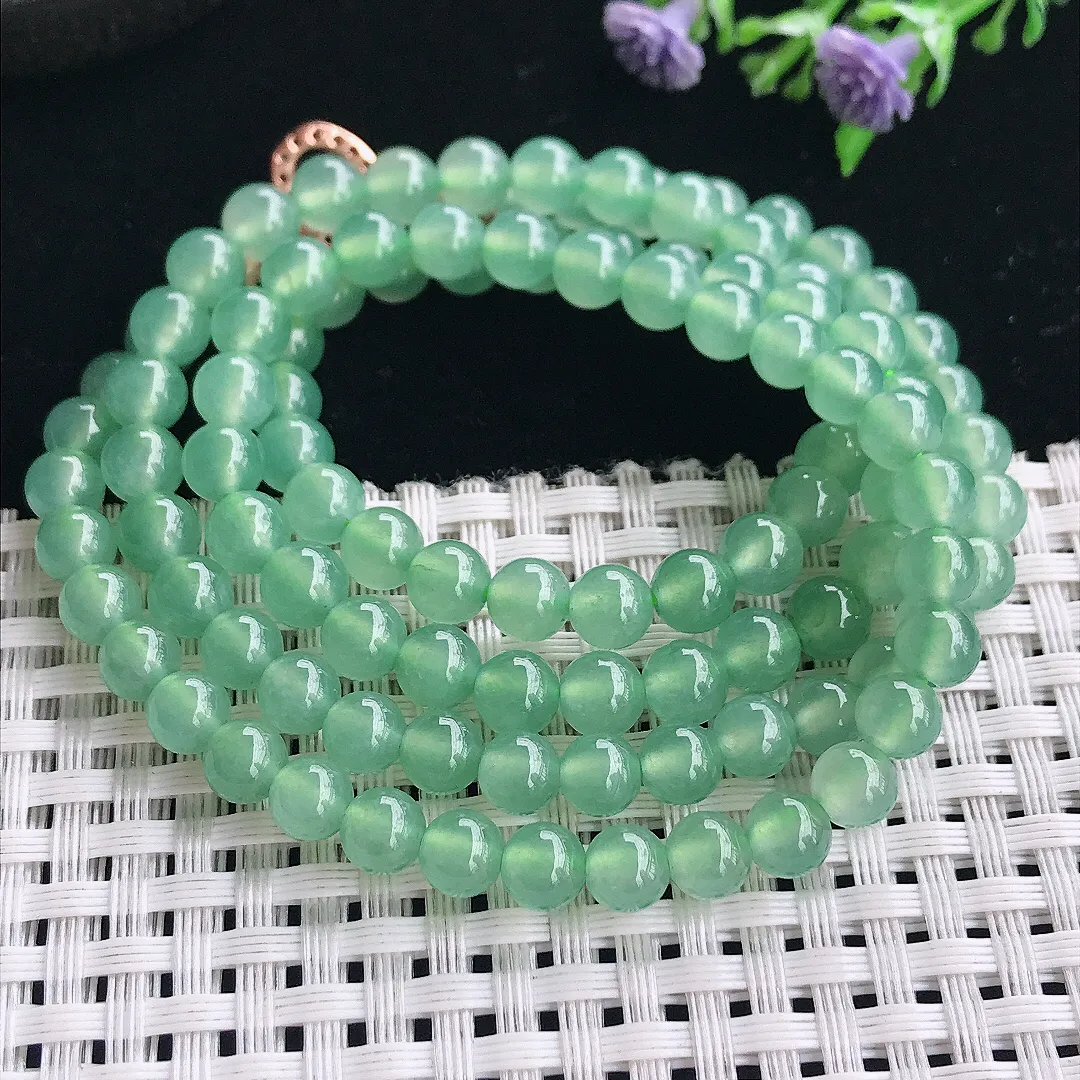 实拍A货翡翠6/108颗老坑冰种起胶冰晴绿玉珠项链