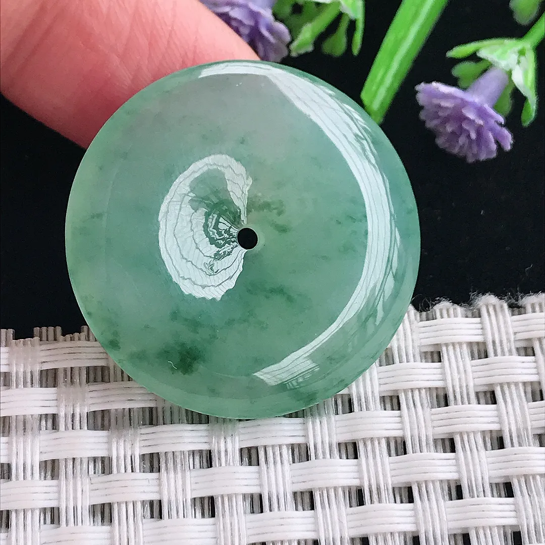 实拍A货翡翠30.4/5.5老坑冰胶水灵冰晴飘花平安扣吊坠翡翠挂件