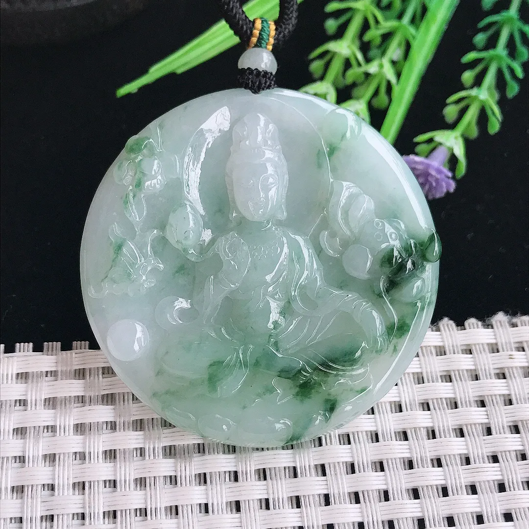 实拍A货翡翠50.8/5.5老坑精美温润飘花赐福观音吊坠翡翠挂件