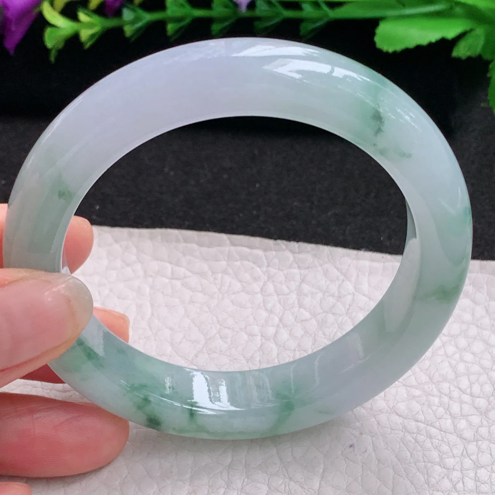 ll飘逸款58.5*12.5*9.5平安镯 天然缅甸翡翠A货冰润飘花宽边玉手环