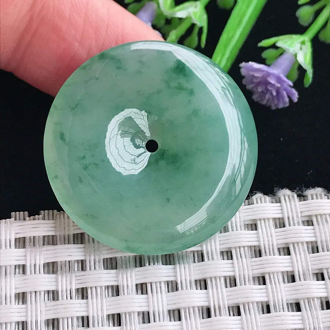 实拍A货翡翠30.4/5.5老坑冰胶水灵冰晴飘花平安扣吊坠翡翠挂件