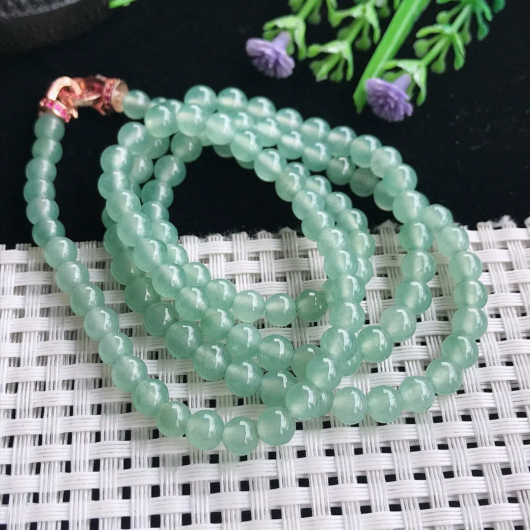 实拍A货翡翠5.7/118颗老坑冰种起胶冰晴绿翡翠项链玉珠
