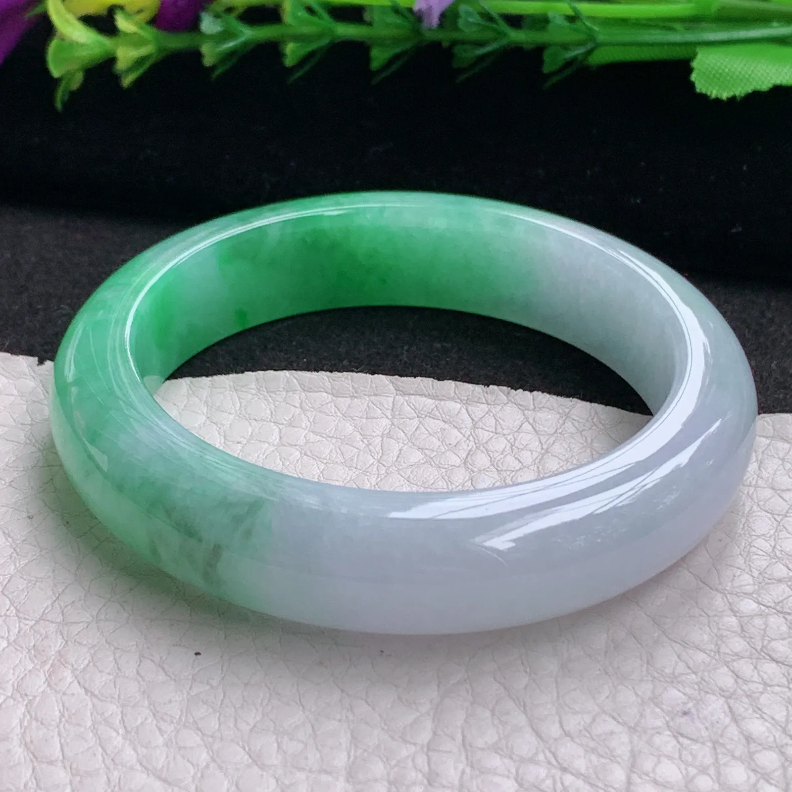 faa招财款53.5*13*8.5平安镯 天然缅甸翡翠A货水润半山水宽边玉手环