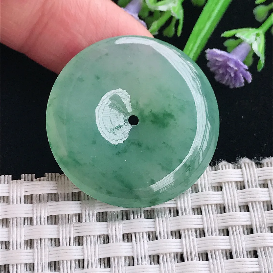 实拍A货翡翠30.4/5.5老坑冰胶水灵冰晴飘花平安扣吊坠翡翠挂件