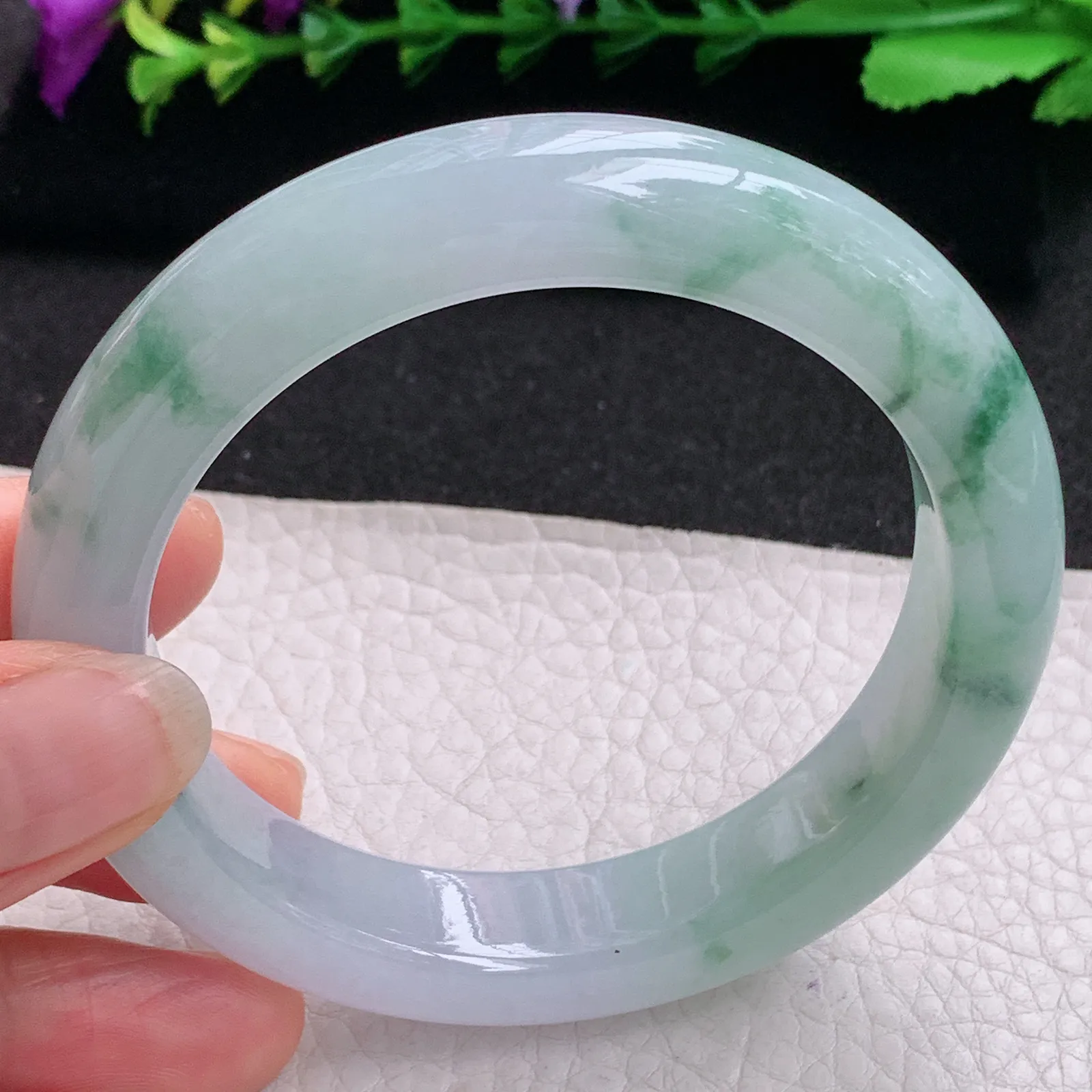 ll飘逸款58.5*12.5*9.5平安镯 天然缅甸翡翠A货冰润飘花宽边玉手环