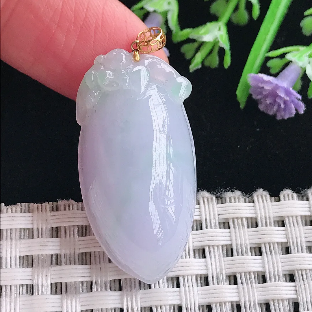 实拍A货翡翠33.3/16.6/10.5老坑18k金镶嵌紫罗兰寿桃吊坠翡翠桃子挂件