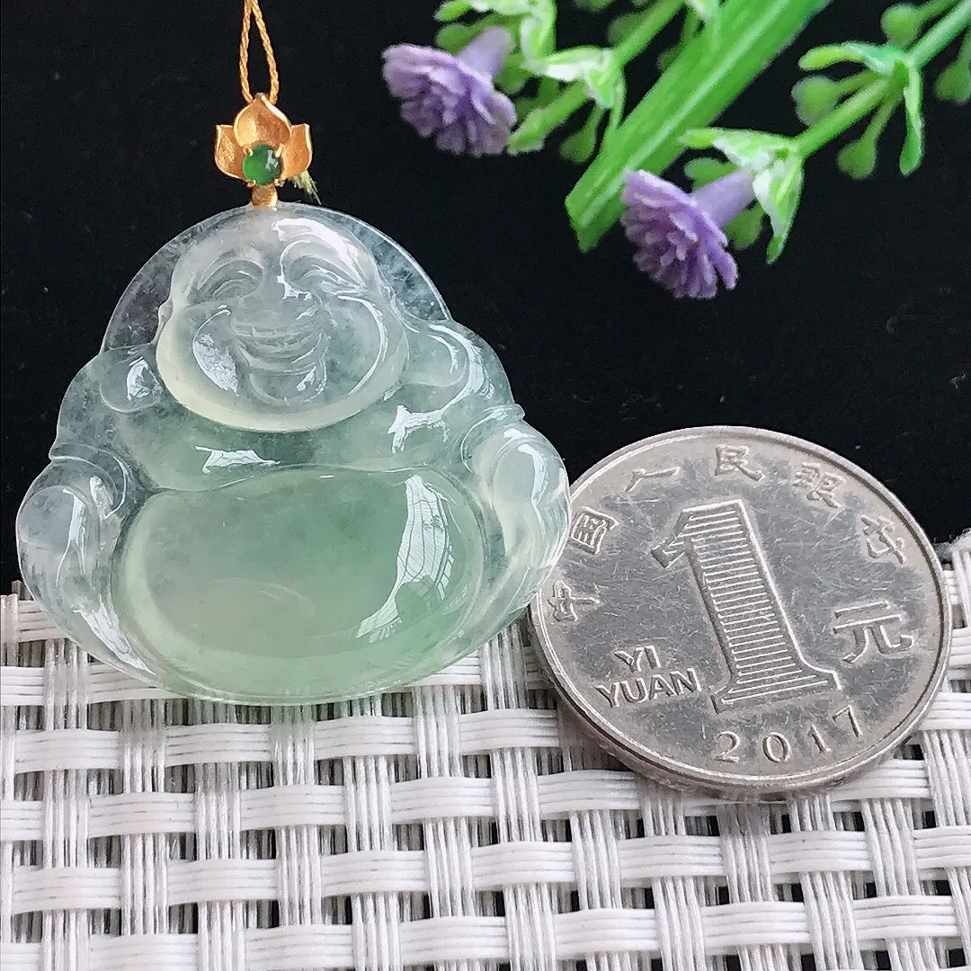 实拍A货翡翠28.8/31.6/5.7老坑18k金镶嵌冰种冰晴绿佛公吊坠翡翠挂件