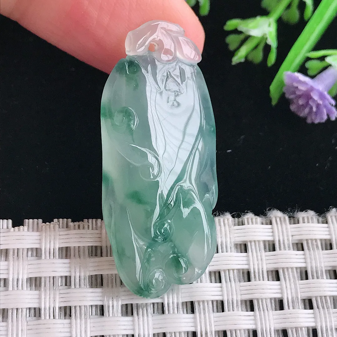 实拍A货翡翠37.3/16/7.5老坑冰胶果冻冰飘花佛手福瓜吊坠翡翠挂件