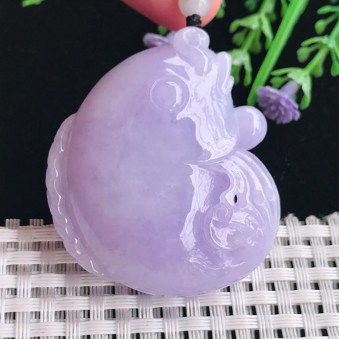 实拍A货翡翠46.5/39.5/17老坑冰润浓艳紫罗兰鲤鱼鱼吊坠翡翠连年有余挂件