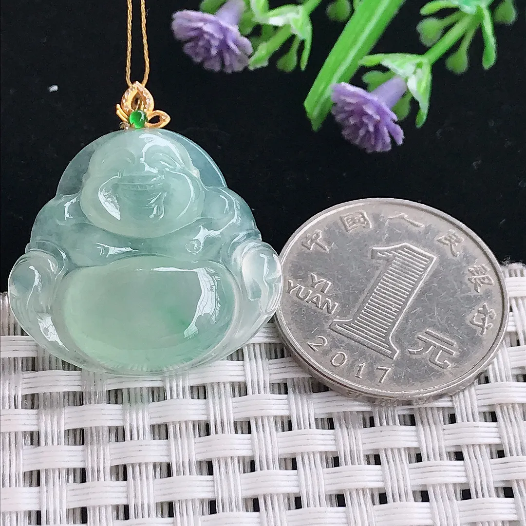 实拍A货翡翠25.5/27.8/6.2老坑18k金镶嵌冰种冰晴绿佛公吊坠翡翠玉佛挂件