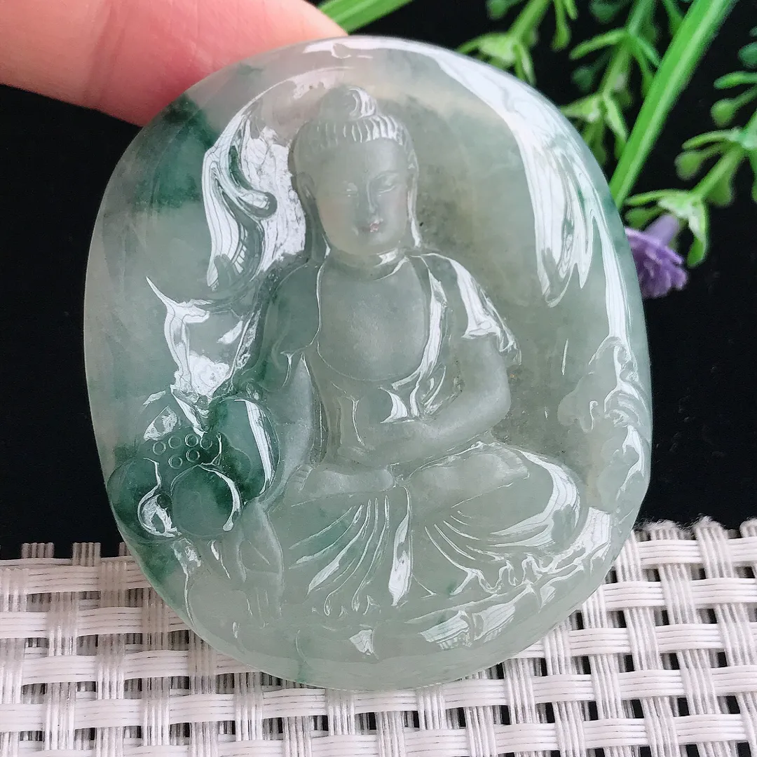 实拍A货翡翠58.7/52.5/5.8老坑冰胶水灵飘花阿弥陀佛吊坠翡翠挂件