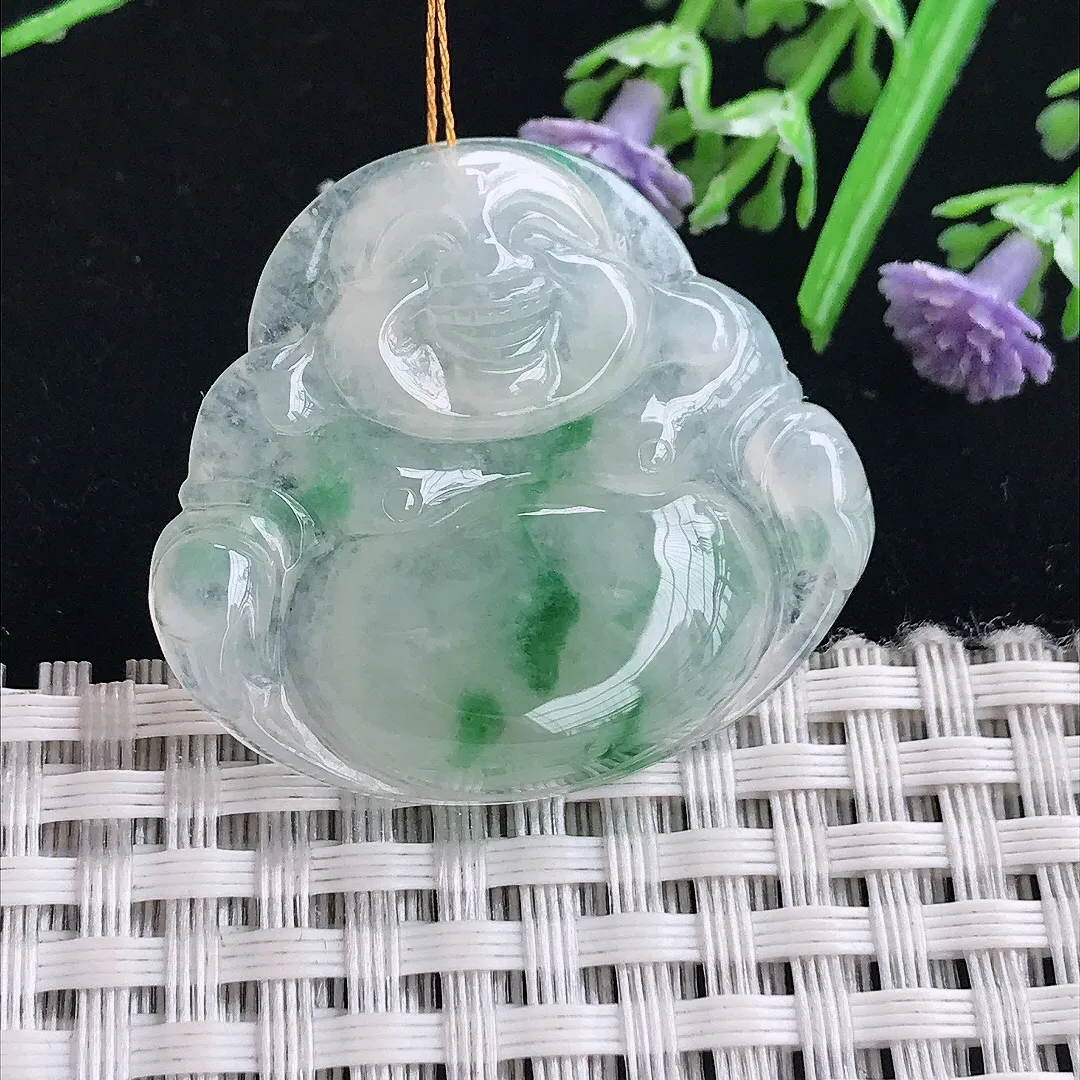 实拍A货翡翠31.8/35.3/6老坑冰润起胶飘花佛公吊坠翡翠玉佛挂件