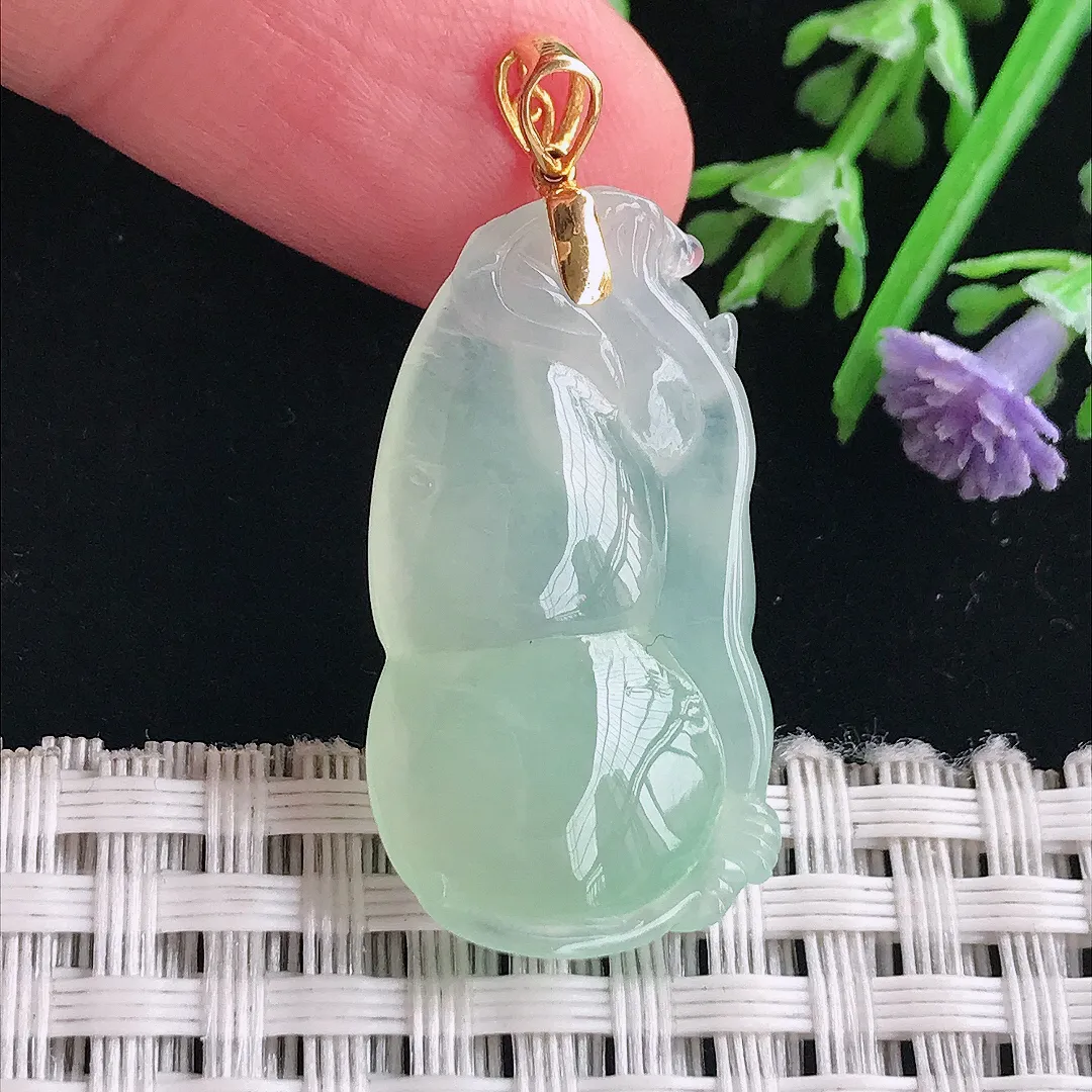 实拍A货翡翠30.6/16.7/6.8老坑18k金镶嵌冰胶甜绿葫芦吊坠翡翠挂件