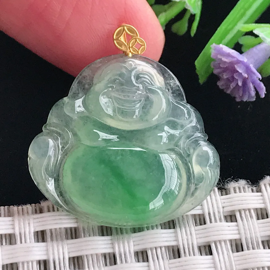 实拍A货翡翠23/25/4.1老坑18k金镶嵌冰阳绿佛公吊坠翡翠玉佛挂件
