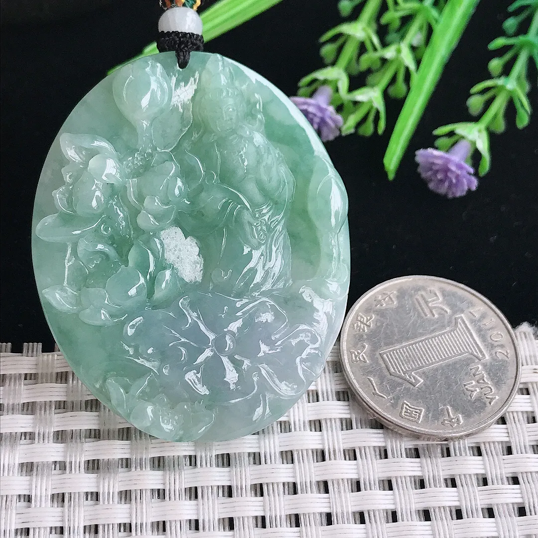 实拍A货翡翠49.8/41/6.3老坑冰润满色观音菩萨吊坠翡翠挂件