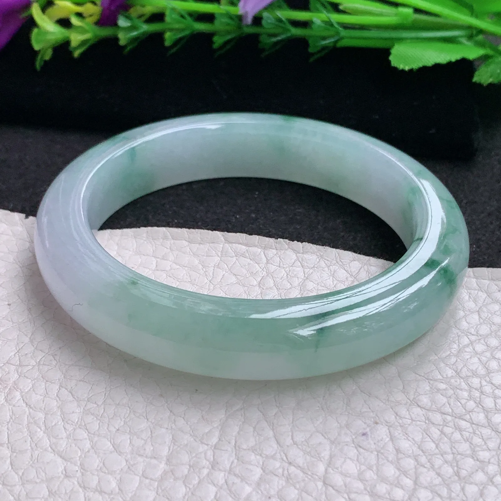 ll飘逸款58.5*12.5*9.5平安镯 天然缅甸翡翠A货冰润飘花宽边玉手环