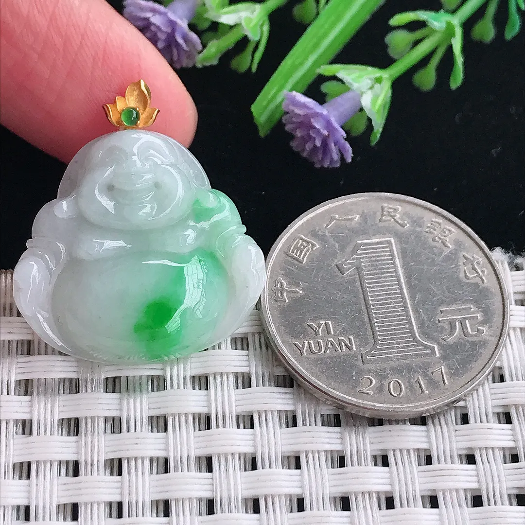 实拍A货翡翠22.8/24.2/5.4老坑18k金镶嵌温润飘阳绿佛公吊坠翡翠挂件
