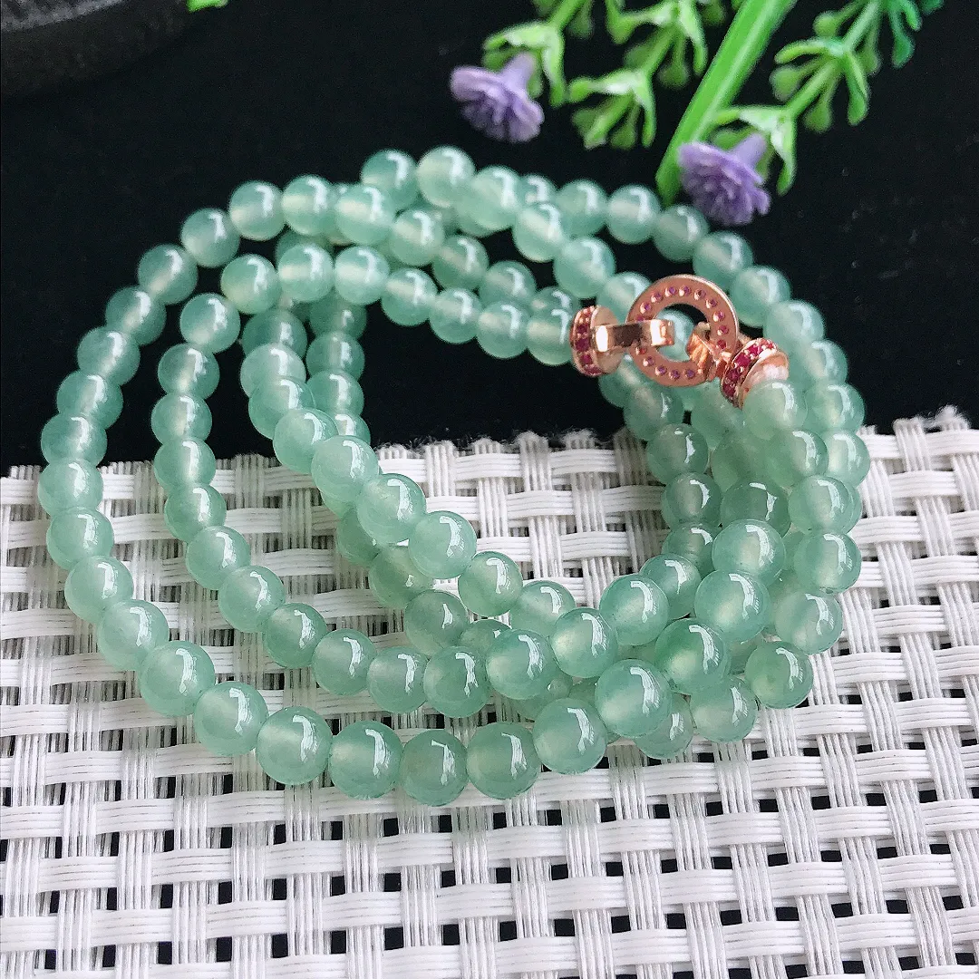 实拍A货翡翠5.7/118颗老坑冰种起胶冰晴绿翡翠项链玉珠