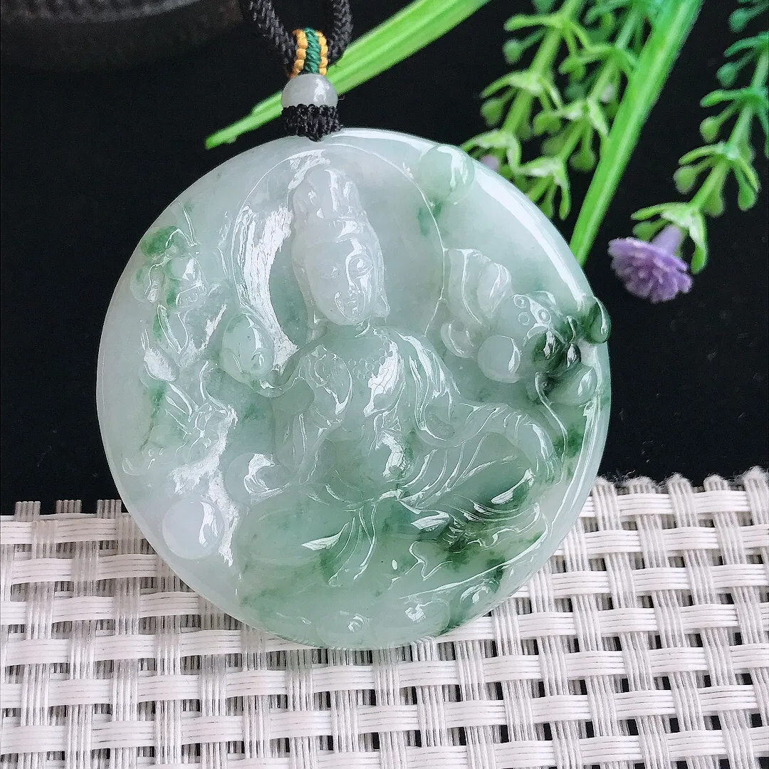实拍A货翡翠50.8/5.5老坑精美温润飘花赐福观音吊坠翡翠挂件