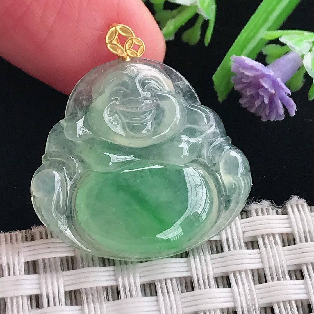 实拍A货翡翠23/25/4.1老坑18k金镶嵌冰阳绿佛公吊坠翡翠玉佛挂件