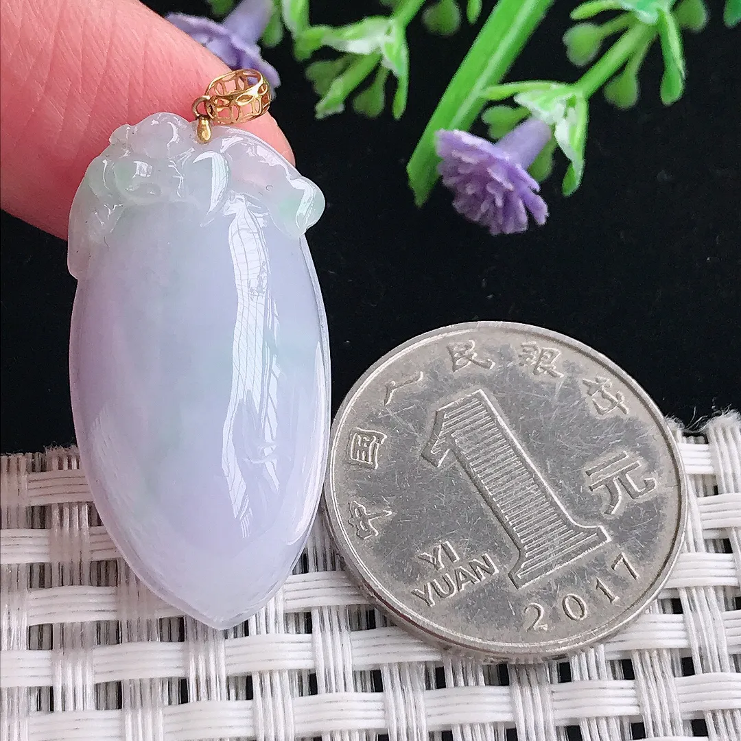 实拍A货翡翠33.3/16.6/10.5老坑18k金镶嵌紫罗兰寿桃吊坠翡翠桃子挂件