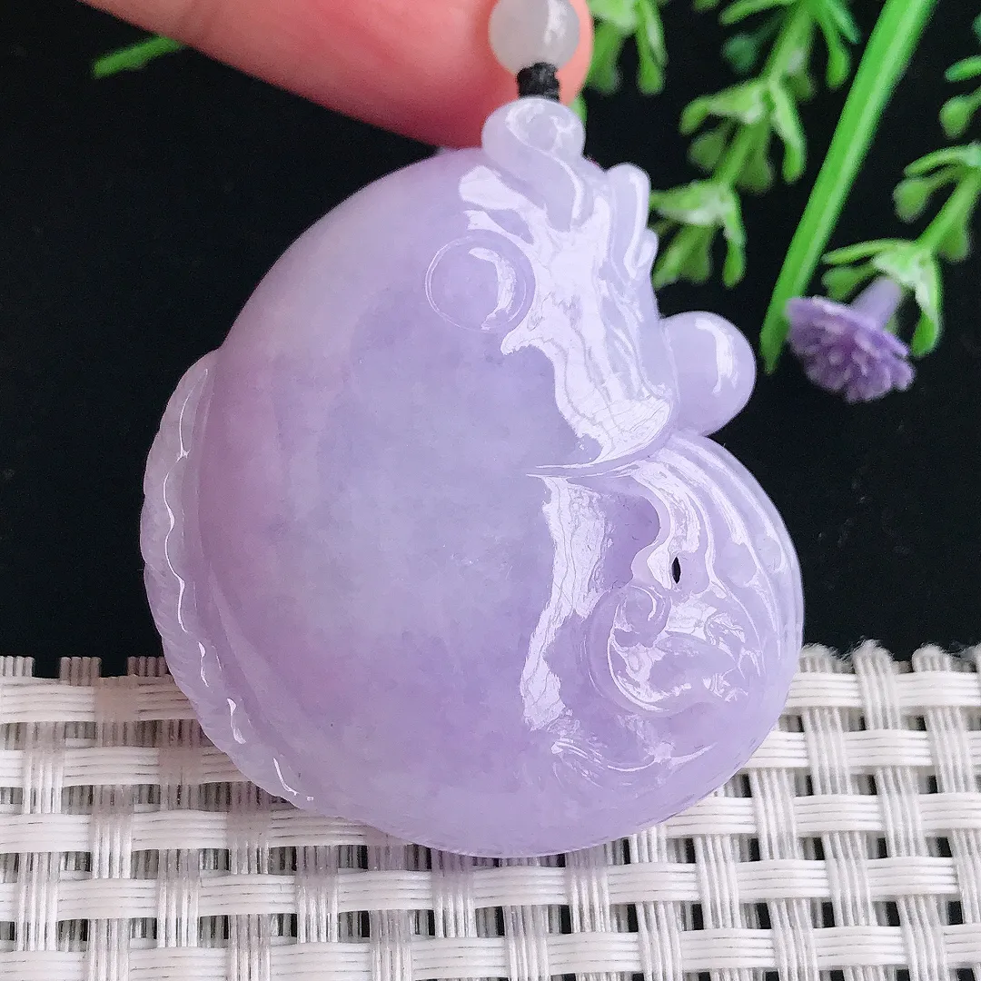 实拍A货翡翠46.5/39.5/17老坑冰润浓艳紫罗兰鲤鱼鱼吊坠翡翠连年有余挂件