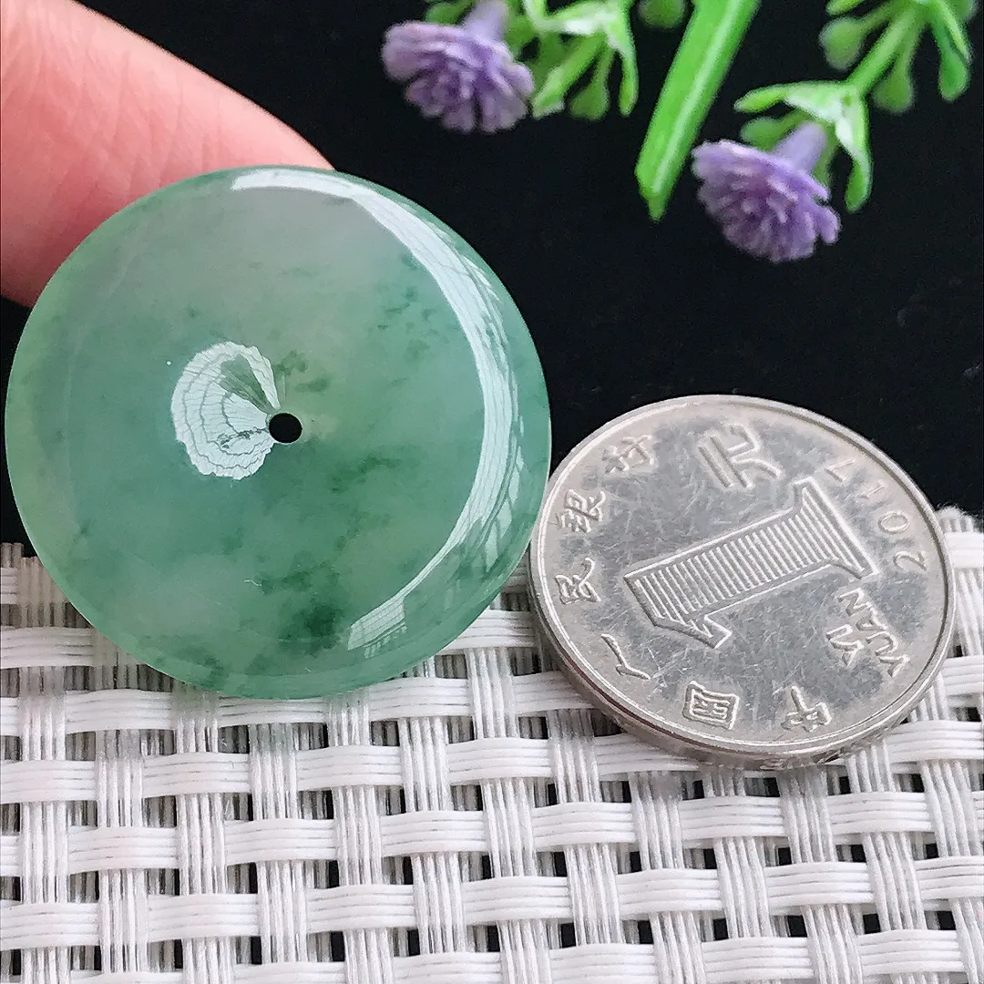 实拍A货翡翠30.4/5.5老坑冰胶水灵冰晴飘花平安扣吊坠翡翠挂件