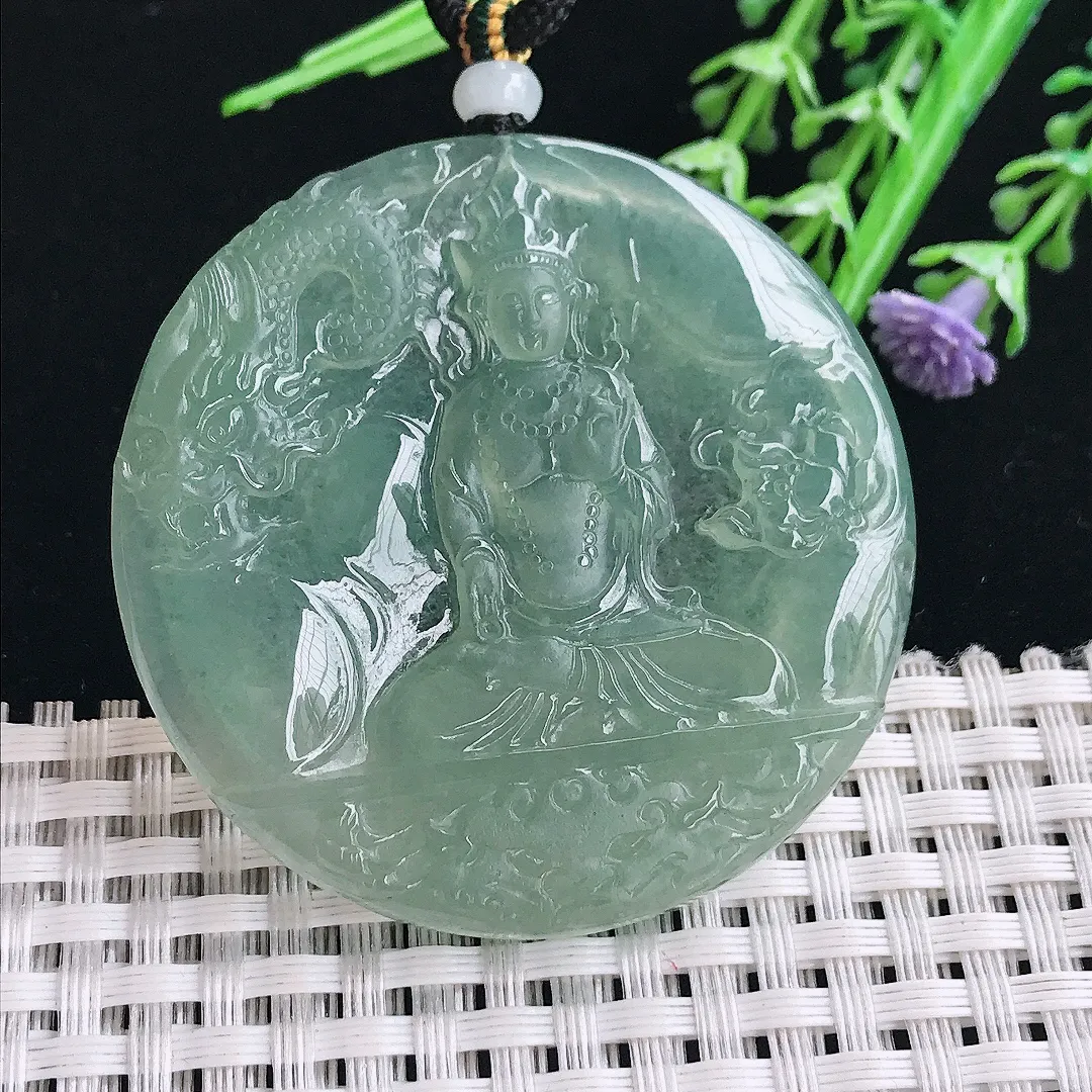 实拍A货翡翠49.6/5老坑冰种果冻冰晴满绿赐福观音吊坠翡翠挂件
