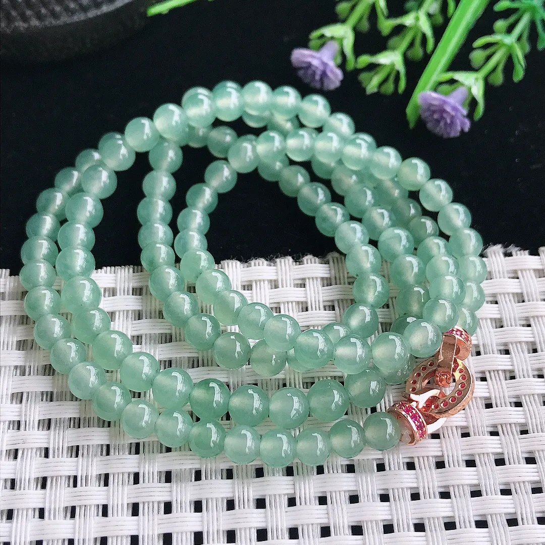 实拍A货翡翠5.7/118颗老坑冰种起胶冰晴绿翡翠项链玉珠