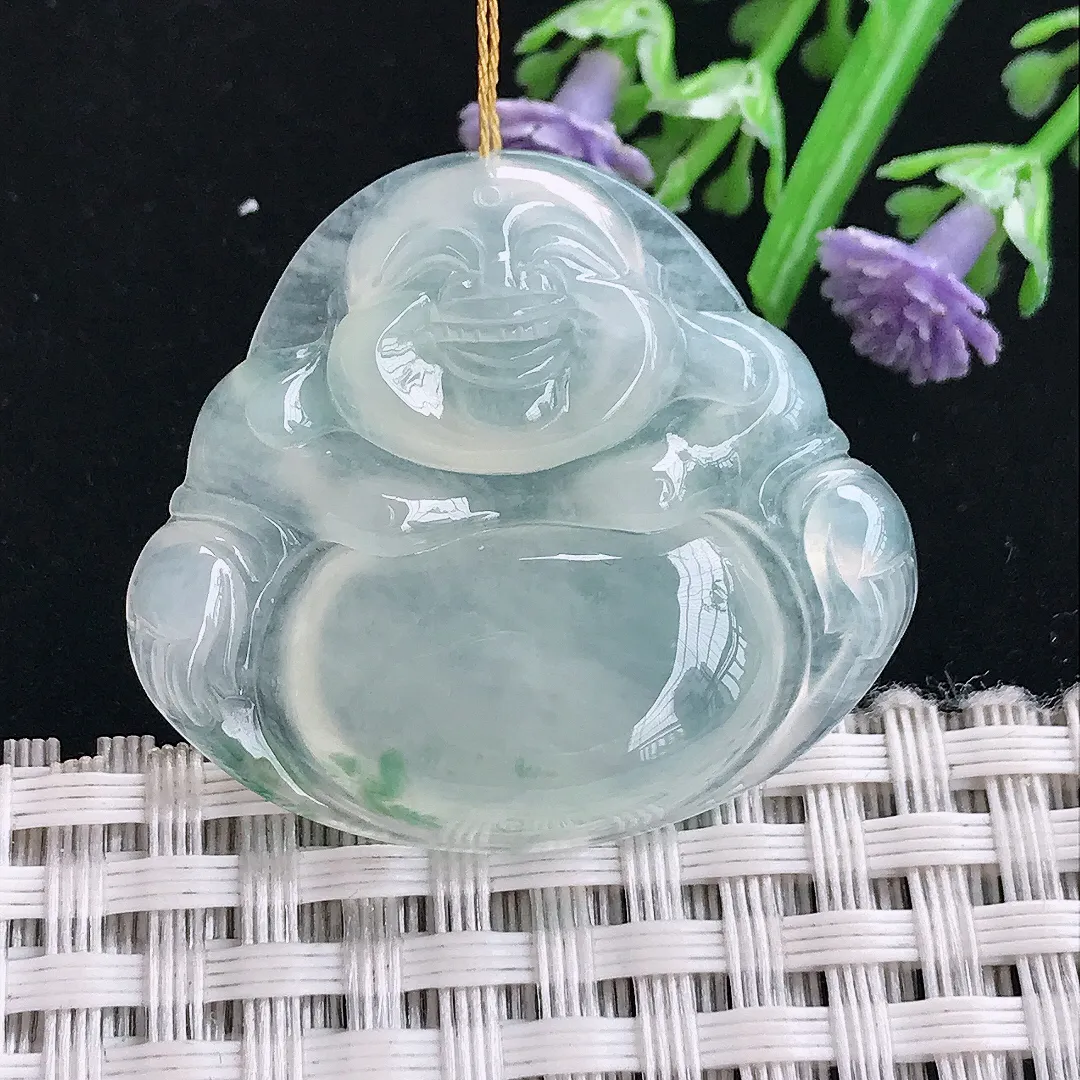 实拍A货翡翠30.8/34.6/6.2老坑冰透起胶飘花佛公吊坠翡翠挂件