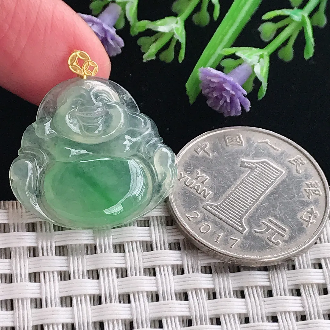 实拍A货翡翠23/25/4.1老坑18k金镶嵌冰阳绿佛公吊坠翡翠玉佛挂件