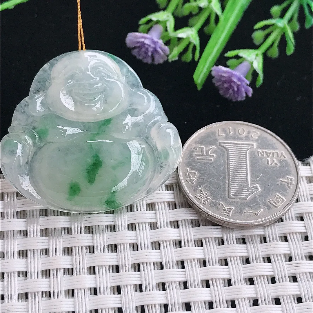 实拍A货翡翠31.8/35.3/6老坑冰润起胶飘花佛公吊坠翡翠玉佛挂件