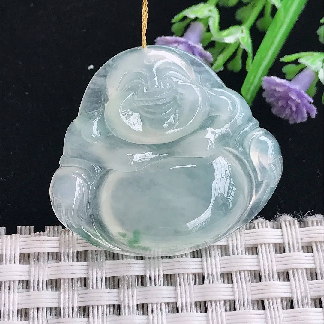 实拍A货翡翠30.8/34.6/6.2老坑冰透起胶飘花佛公吊坠翡翠挂件