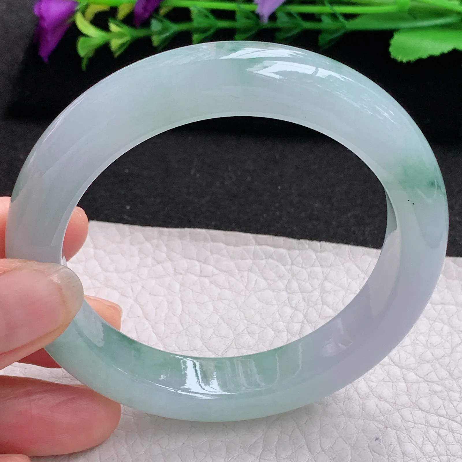 ll飘逸款58.5*12.5*9.5平安镯 天然缅甸翡翠A货冰润飘花宽边玉手环