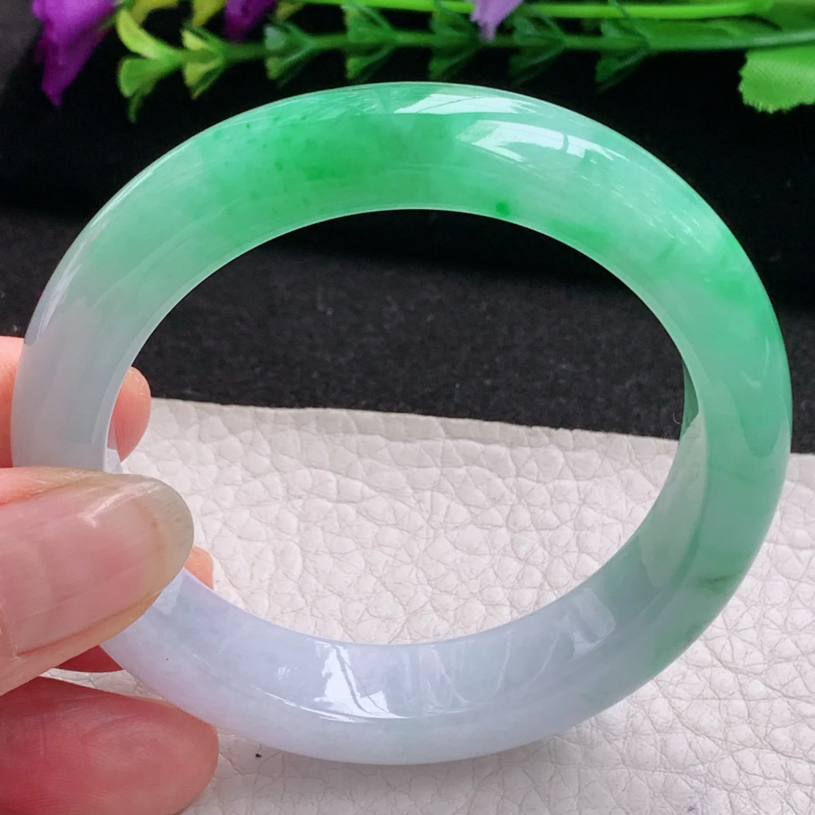 faa招财款53.5*13*8.5平安镯 天然缅甸翡翠A货水润半山水宽边玉手环