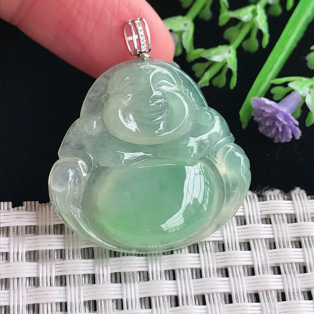 实拍A货翡翠30/31.6/6老坑18k金镶嵌冰晴甜绿佛公吊坠翡翠挂件