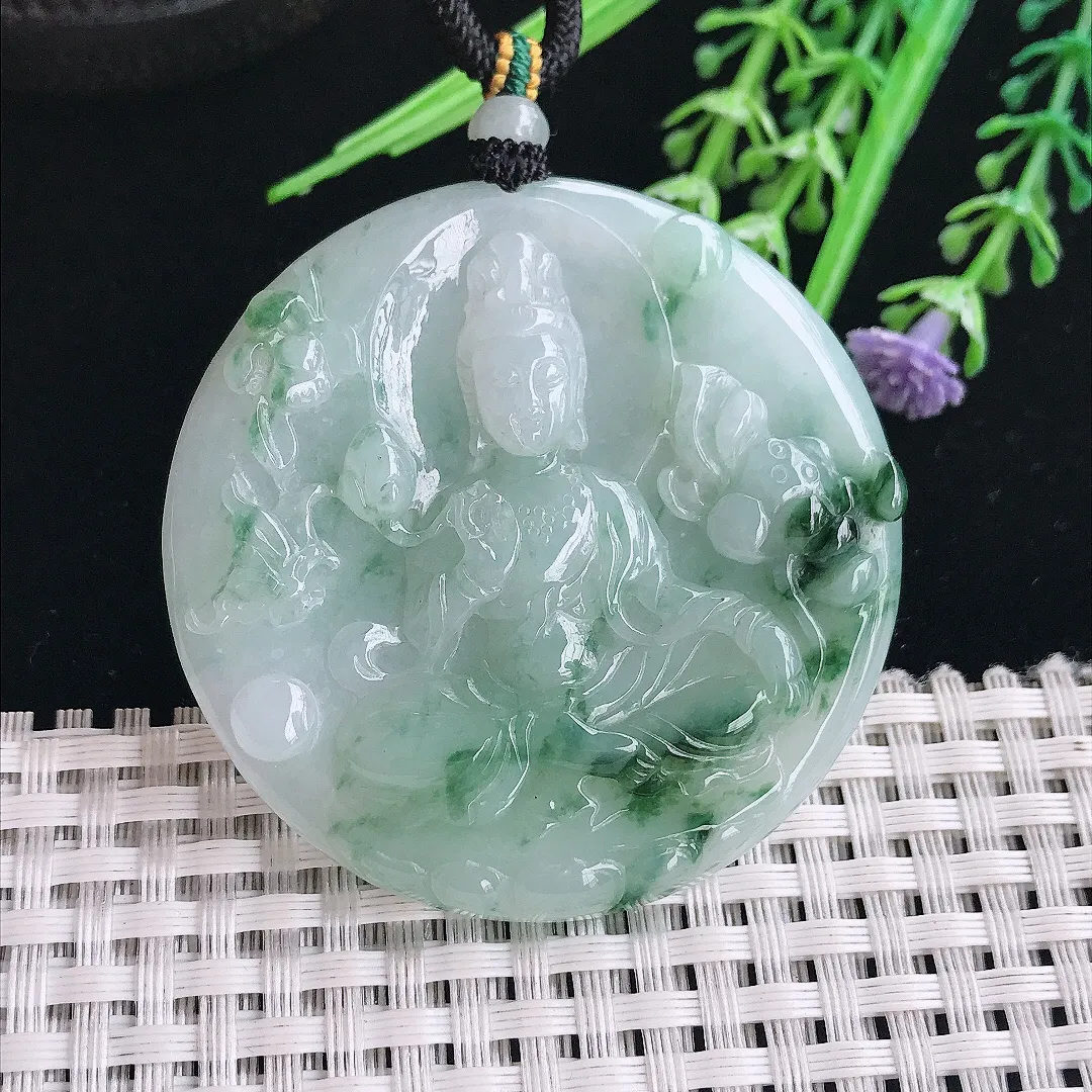 实拍A货翡翠50.8/5.5老坑精美温润飘花赐福观音吊坠翡翠挂件