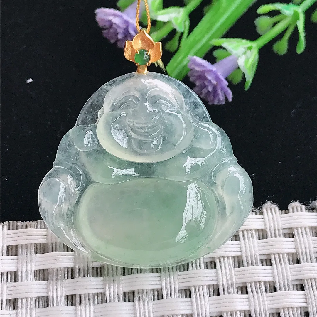 实拍A货翡翠28.8/31.6/5.7老坑18k金镶嵌冰种冰晴绿佛公吊坠翡翠挂件