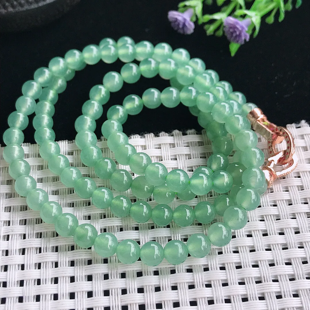 实拍A货翡翠6/108颗老坑冰种起胶冰晴绿玉珠项链