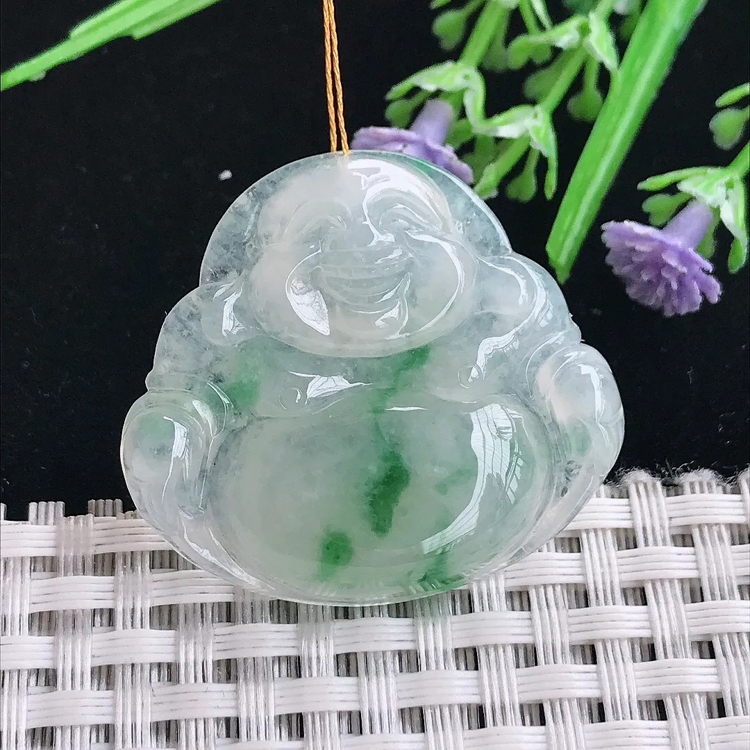 实拍A货翡翠31.8/35.3/6老坑冰润起胶飘花佛公吊坠翡翠玉佛挂件