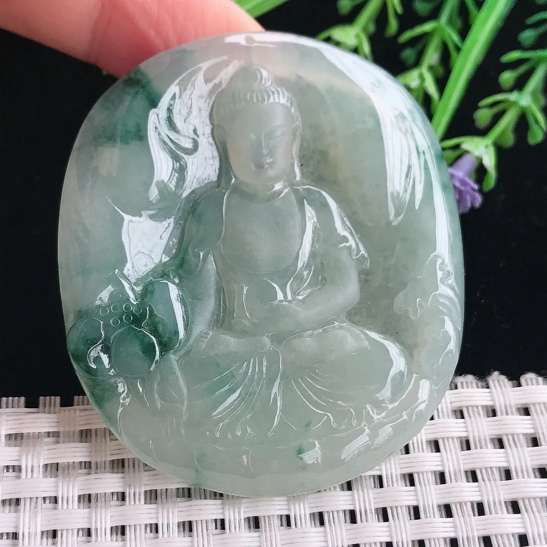 实拍A货翡翠58.7/52.5/5.8老坑冰胶水灵飘花阿弥陀佛吊坠翡翠挂件