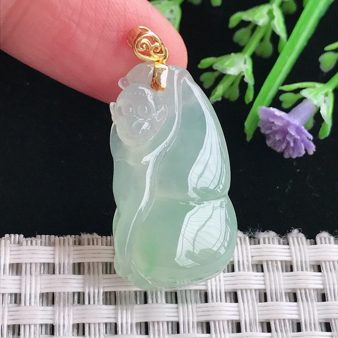 实拍A货翡翠30.6/16.7/6.8老坑18k金镶嵌冰胶甜绿葫芦吊坠翡翠挂件