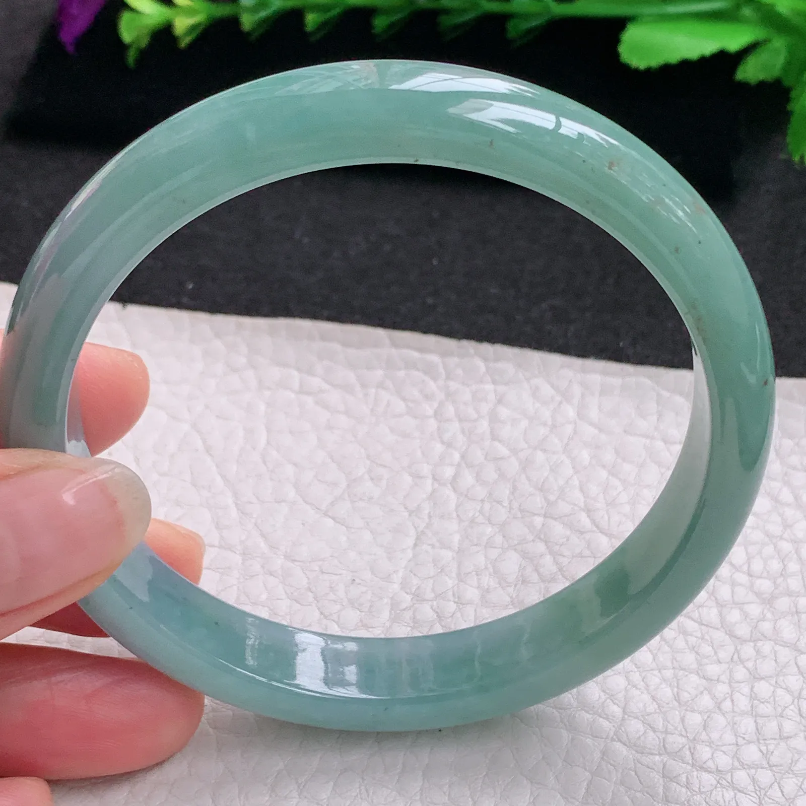 ll大圈口64*11.5*7.3平安镯 天然缅甸翡翠A货水润蓝韵宽边玉手环